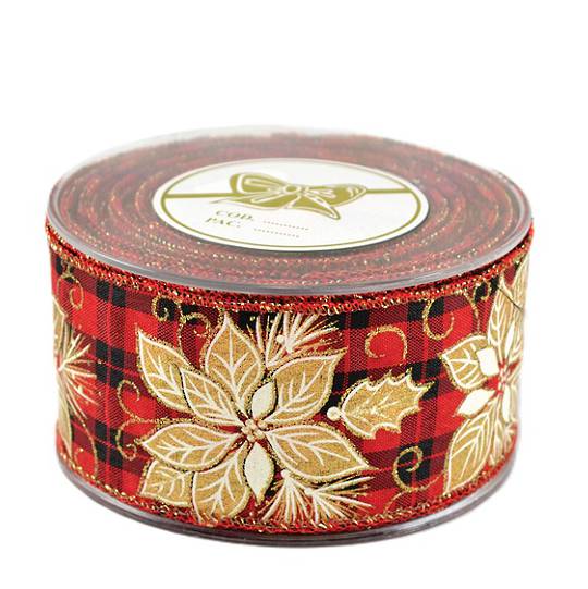Ribbon 9mt, 55mm Red Tartan Gold Poinsettia *ETA Nov